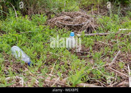 Scartato rifiuti di plastica sul bordo di un fiume sul litorale/beach in Suffolk. Gettato via piuttosto che riciclare causando un rischio ambientale Foto Stock