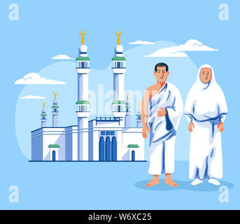 Coppia di pellegrino musulmano in piedi di fronte a Masjidil Al Haram. La Sacra Moschea che circonda la Kaaba nella città di Mecca, Arabia Saudita. Foto Stock