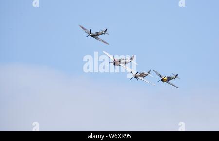 Ultimate Fighters Team - Collezione di 4 warbirds P47 Thunderbolt Spitfire V, Buchón e TF-51D Mustang effettuando al 2019 Flying Legends Airshow di Foto Stock