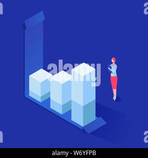 Esperto di statistiche di analisi vettoriale illustrazione isometrica. Specialista di sesso femminile, finanziere, banchiere studiando gli schemi di crescita personaggio dei fumetti. Economista, broker, finanza analista rendendo note Illustrazione Vettoriale