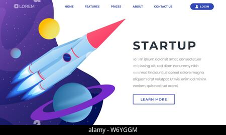 I progetti di avvio isometrica pagina di atterraggio modello. 3d astronave, rocket volare nello spazio esterno, lasciando il sistema solare. Inizio nuovo business, il lancio di startup innovative sito web pagina layout di progettazione Illustrazione Vettoriale