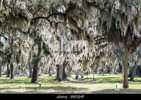 Una coppia entra un cane lungo gli antichi lecci coperte di muschio Spagnolo al Fort Frederica monumento nazionale, l'originale insediamento coloniale in San Simons Island, Georgia. Fort Frederica è stato istituito dalla Georgia fondatore James Oglethorpe nel 1736 per servire come un baluardo contro gli insediamenti spagnoli in Florida, Foto Stock