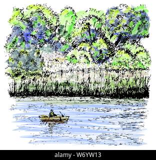 Pescatore. Il silenzio. Schizzo Illustrazione Vettoriale