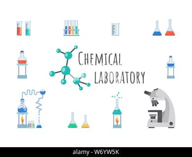 Laboratorio chimico vettore attrezzature modello di pagina di intestazione. Vetreria di laboratorio, bicchieri, flaconi e provette. Alto e moderno microscopio di precisione, la tazza di misura sulla ricerca innovativa centro design poster Illustrazione Vettoriale