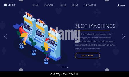 Casino slot machines isometrica pagina di atterraggio. Gamblers giocando un braccio bandit, Lucky sette personaggi 3d. Il gioco d'azzardo, moderno avvincente divertimento e svago e passatempo website homepage Illustrazione Vettoriale