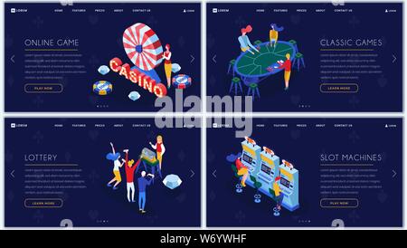 Giochi di casinò isometrica pagine di atterraggio set. Le slot machines, lotteria, casinò classico entertainment website homepage templates pack. Gioco d'azzardo online e amusement business banner web layout Illustrazione Vettoriale