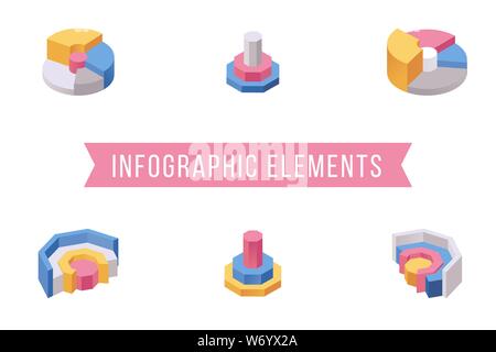 Grafico a torta elementi illustrazioni isometriche set. Vari multi livello ciambella fette del grafico, diagramma circolare 3D icone pack. Analisi finanziaria, statistiche economiche visualization, business infographics Illustrazione Vettoriale