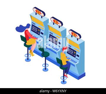 Le slot machines giocare isometrica illustrazione vettoriale. Gamblers giocando un braccio bandit, jackpot vincenti personaggi 3d. Il gioco d'azzardo, business moderno intrattenimento coinvolgente industria clipart isolato Illustrazione Vettoriale
