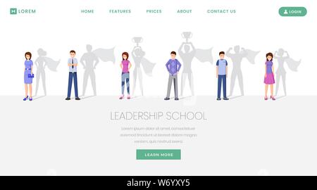 Scuola di Leadership landing page template vettoriale. Corsi e seminari per i responsabili dello sviluppo, sito web pagina web. Persone ambiziose, uomo e donna con ombra di supereroi personaggi dei cartoni animati Illustrazione Vettoriale