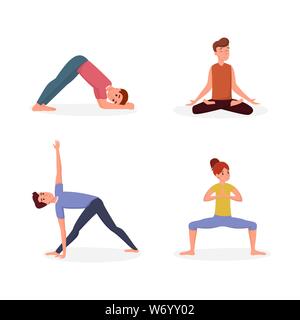 Lezione di Yoga piatta illustrazione vettoriale set. Persone che fanno lo Yoga asana uomini e donne che esercitano, rilassante i personaggi dei cartoni animati. Ginnastica, allenamento sportivo, meditazione isolati su sfondo bianco Illustrazione Vettoriale