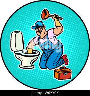 Plumber pulisce il wc. La Pop art retrò illustrazione vettoriale disegno Illustrazione Vettoriale