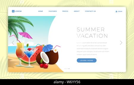 Vacanze estive vettore landing page modello. Estate dessert, anguria fetta, esotici cocktail di cocco. Località balneare ristorante, bar sulla spiaggia pagina web promozionale il layout di progettazione Illustrazione Vettoriale