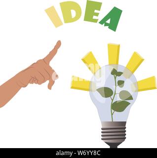 Mano di puntamento per piantare crescere all'interno della lampada - luce e ispirazione per business idea per fare soldi e crescente verso l'alto. Illustrazione Vettoriale per busin Illustrazione Vettoriale