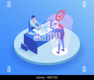 Il candidato al colloquio di lavoro illustrazione isometrica. HR carattere agente scelta di datore di lavoro e lavoratore di lettura CV, riprendere, qualifica. Occupazione, servizio moderno ufficio headhunter 3d clipart isolato Illustrazione Vettoriale