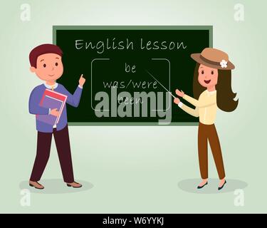 Lezione di inglese piatta illustrazione vettoriale. Il tutor spiegando, puntando alla lavagna, inglese madrelingua con libri i personaggi dei cartoni animati. Lingua straniera classe, corso di grammatica clipart isolato Illustrazione Vettoriale