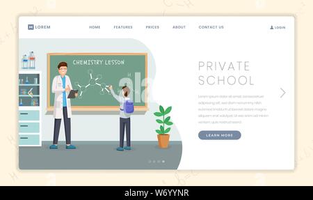 Privata istituzione educativa del vettore nella pagina di atterraggio. Insegnante di chimica e allievo alla lavagna le molecole di insegnamento struttura. Profilo speciale pubblicità scuola pagina web design layout Illustrazione Vettoriale