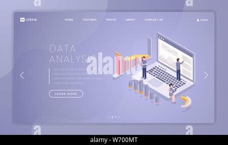 Le analisi di dati finanziari landing page modello. Il mercato azionario trading website homepage idea di interfaccia con illustrazioni isometriche. Professional business analytics banner web, pagina web Concept cartoon Illustrazione Vettoriale