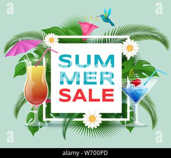 Cocktail vendita vettore piatto modello di pagina di intestazione. Estate bevande rinfrescanti offerte di sconto. Iscrizione alla moda in cornice quadrata con palm, foglie di monstera, esotici colibrì social media post Illustrazione Vettoriale