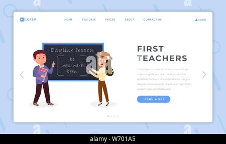 Primi insegnanti landing page modello piano. Lezioni di inglese e corsi di lingua straniera website homepage layout. Il tutor puntando alla lavagna, madrelingua con libri i personaggi dei cartoni animati Illustrazione Vettoriale