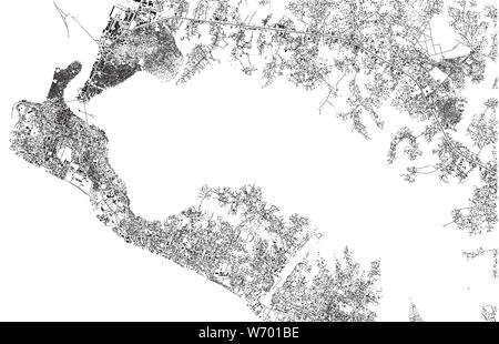 Mappa satellitare di Monrovia, è la capitale del paese africano e Dell'ovest della Liberia. Mappa di strade e di edifici del centro città Illustrazione Vettoriale