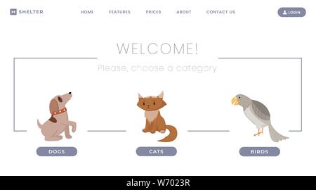 Animali vettore rifugio landing page modello. Gli animali domestici persi, senzatetto cani e gatti adozione centro. Abbandonato kitties, cuccioli, uccelli esotici pappagalli storie, descrizione sito web pagina layout di progettazione Illustrazione Vettoriale