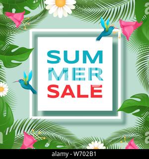 Sconti estivi vettore piatto modello di pagina di intestazione. Palme esotiche, monstera fogliame con uccelli tropicali telaio botanico. Offerta estiva, prezzi speciali con iscrizione alla moda, poster il layout di progettazione Illustrazione Vettoriale