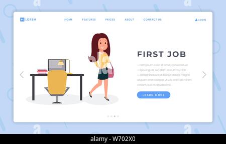 Primo lavoro landing page modello piano. Femmina dipendente sorridente in ufficio privato, allegro giovane manager, segretario website homepage layout. Lavoratore di ufficio moderni posti di lavoro, illustrazione dell'area di lavoro Illustrazione Vettoriale