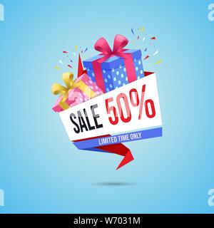 Vendita Shopping, regalo banner web modello. Memorizza in omaggio e bonus per i clienti la campagna promozionale. A metà prezzo, offerte speciali, la percentuale di sconto per i clienti adesivo, layout poster Illustrazione Vettoriale