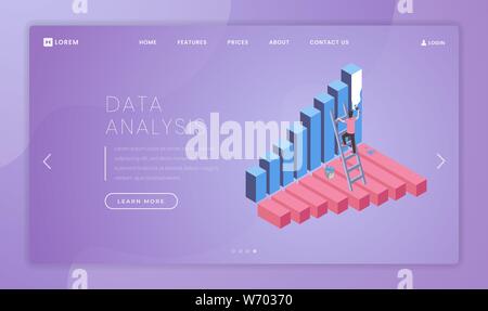 Business Analytics landing page template vettoriale. Economica literacy education website homepage idea di interfaccia con illustrazioni isometriche. Analisi dei dati di servizio banner web, pagina web Concept cartoon Illustrazione Vettoriale