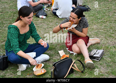 Centinaia assiste la Clave Fest 2019: Free Festival Latino a Londra con spettacoli dal vivo ottimo cibo e bevande e bella gente a Finsbury Park il 3 agosto 2019, Londra, Regno Unito. Foto Stock