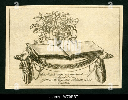 Europa, Deutschland, Kondolenzbuch , ? , ' Muore Buch sagt tausendmal auf tausend Seiten , Gott wolle Dir das schönste Loos bereiten ' , Kupferstich, wahrscheinlich um 1800 . / Europa, Germania, libro di condoglianze , ? , ' Muore Buch sagt tausendmal auf tausend Seiten, Gott wolle Dir das schönste Loos bereiten ' ( questo libro dice un migliaio di volte su un migliaio di pagine, Dio vuole preparare per voi la più bella partita ) , incisione su rame, probabilmente intorno al 1800 . Foto Stock