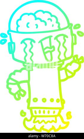 Gradiente a freddo la linea di disegno di un cartone animato di piangere robot battenti Illustrazione Vettoriale