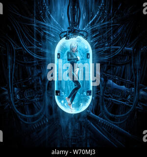 La donna pod clone / 3D illustrazione di fantascienza scena mostrando femmina umana figura nel complesso interno futuristico alien la clonazione di incubatore machin Foto Stock