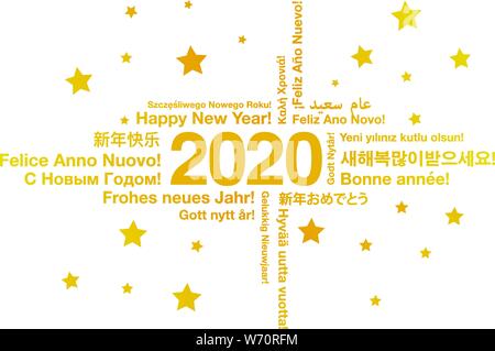 Felice Anno Nuovo 2020 in diverse lingue greeting card concept Illustrazione Vettoriale