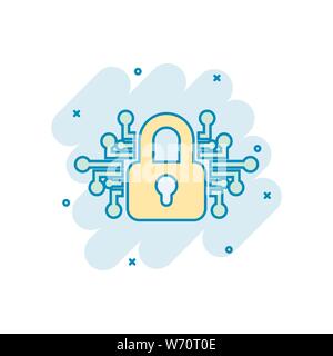 Cyber security icona in stile fumetto. Lucchetto bloccato vettore illustrazione cartoon bianco su sfondo isolato. Password chiuso la concezione di business splash e Illustrazione Vettoriale