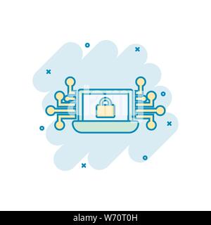 Cyber security icona in stile fumetto. Lucchetto bloccato vettore illustrazione cartoon bianco su sfondo isolato. Business notebook concetto effetto splash. Illustrazione Vettoriale