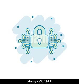 Cyber security icona in stile fumetto. Lucchetto bloccato vettore illustrazione cartoon bianco su sfondo isolato. Password chiuso la concezione di business splash e Illustrazione Vettoriale