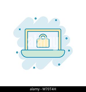 Cyber security icona in stile fumetto. Lucchetto bloccato vettore illustrazione cartoon bianco su sfondo isolato. Business notebook concetto effetto splash. Illustrazione Vettoriale