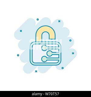 Cyber security icona in stile fumetto. Lucchetto bloccato vettore illustrazione cartoon bianco su sfondo isolato. Password chiuso la concezione di business splash e Illustrazione Vettoriale