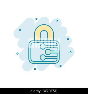 Cyber security icona in stile fumetto. Lucchetto bloccato vettore illustrazione cartoon bianco su sfondo isolato. Password chiuso la concezione di business splash e Illustrazione Vettoriale