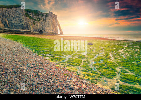 Viaggio fantastico e spiaggia di destinazione, verde spettacolare costa di muschio bianco e pietre ghiaia con un tramonto meraviglioso, Etretat, in Normandia, Francia, Euro Foto Stock