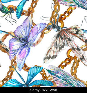 Libellula esotiche di insetti selvatici. Acquerello illustrazione dello sfondo impostato. Perfetta configurazione di sfondo. Foto Stock