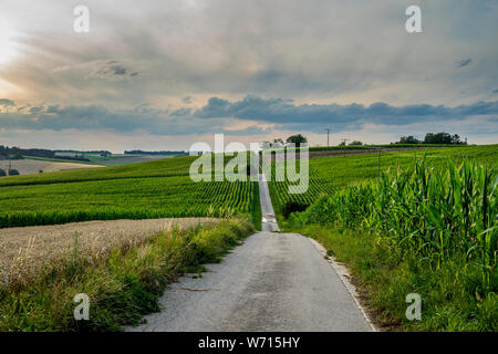 Lungo percorso sul campo bavarese con cielo molto nuvoloso Foto Stock