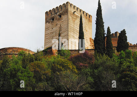 Una bellissima vista della Alhambra torre del Darro riverside qui di seguito. Fotografato nella splendida Granada, Spagna. Foto Stock