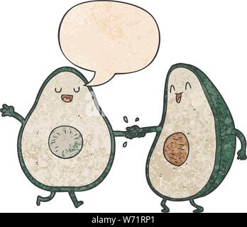Cartoon dancing avocadi con discorso bolla rétro in stile di tessitura Illustrazione Vettoriale