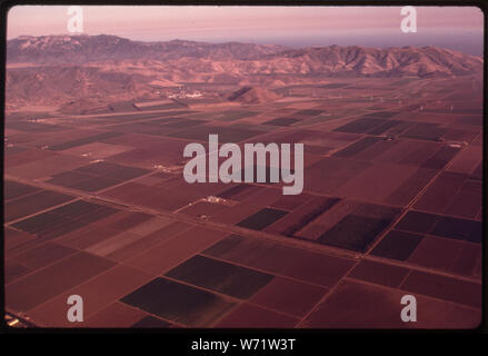 Vista aerea di OXNARD PLAIN, una fondamentale area agricola nella contea di Ventura, CALIFORNIA, a nord di Los Angeles, attualmente in fase di sviluppo per l'alloggiamento. Circa l'84 % dei suoi abitanti vivono entro i trenta chilometri di costa e questa concentrazione ha portato in terra crescenti pressioni di utilizzo. Restrizioni in materia di sviluppo costiero all'interno di 1.000 metri del litorale sono state serrate CON IL PASSAGGIO DELLA ZONA COSTIERA conservazione atto in novembre, 1972 Foto Stock