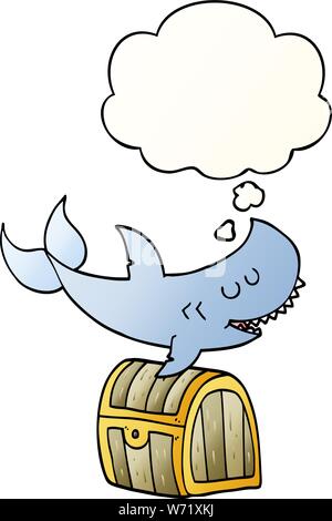 Cartoon shark nuoto su scrigno con bolle di pensiero in buon stile gradiente Illustrazione Vettoriale