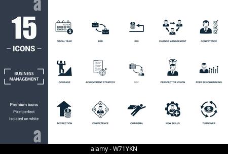 Business Management icon set. Contengono riempito carisma piana, la competenza, la competenza, il raggiungimento della strategia, visione prospettica, coraggio, nuove competenze Illustrazione Vettoriale