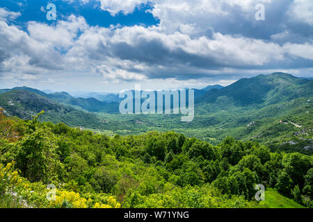 Montenegro, infinite ampia natura verde paesaggio vista sulla valle di Scutari scenario delle montagne e colline coperte da alberi e foresta vicino lago di Skadar Foto Stock