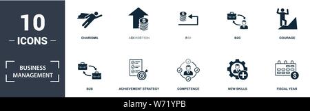 Business Management icon set. Contengono riempito carisma piana, competenza, visione prospettica, coraggio, b2b, b2c, fatturato icone. Formato modificabile Illustrazione Vettoriale